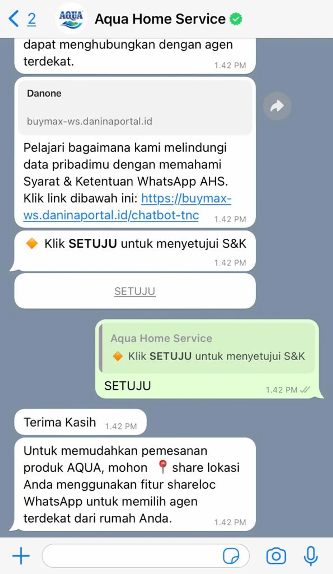 Tombol setuju pada WhatsApp AQUA Home Service